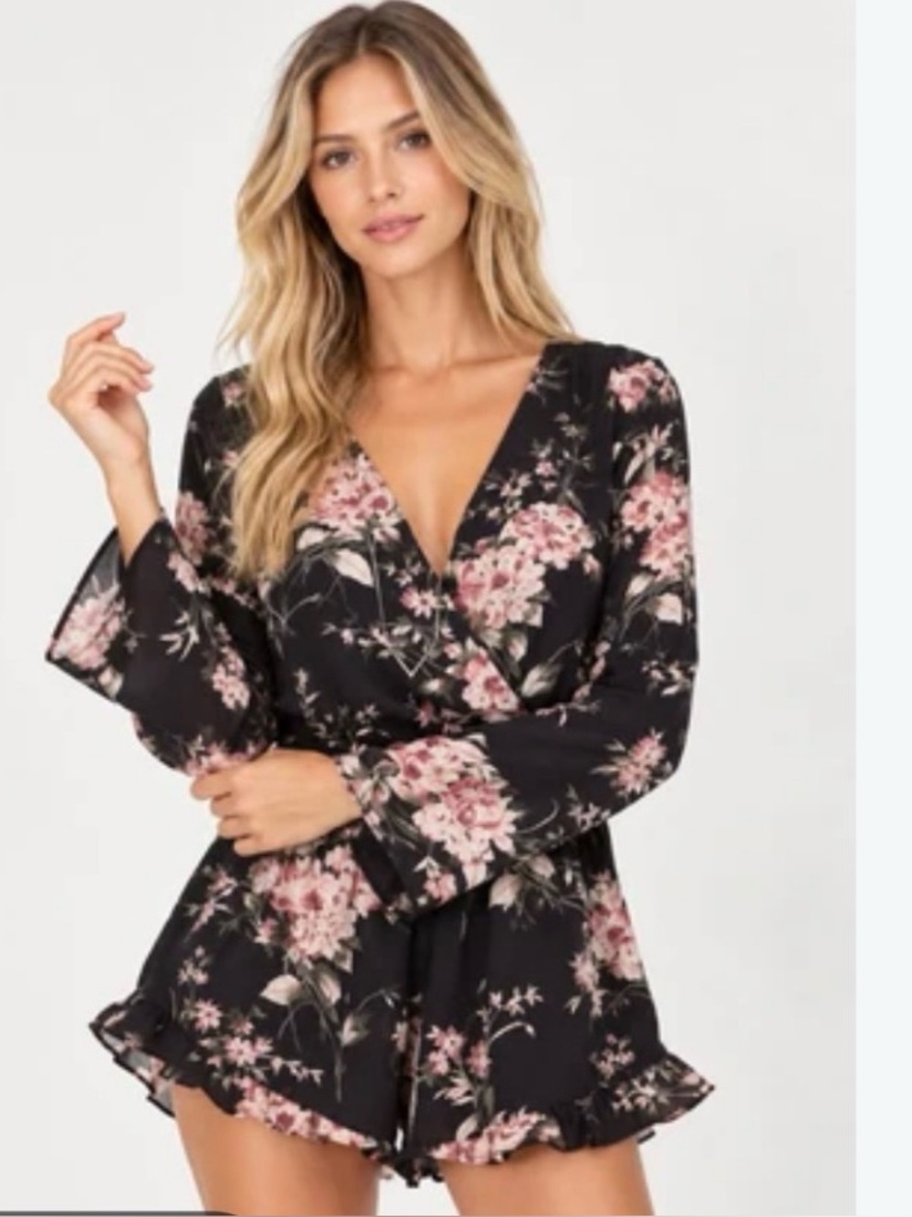 Angie Floral Romper Size Large NWT Black Pink Boho Bell Sleeve